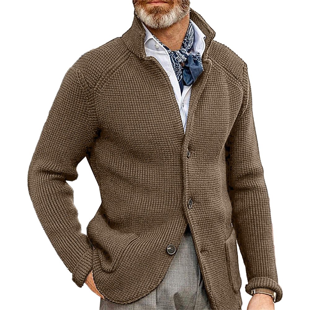 Men's Knitted Jacket Casual Button Up Slim Fit Cardigan Warm Cable Sweater Blazer with Pockets (X-Large,Khaki)
