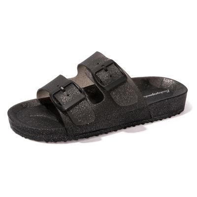 FUNKYMONKEY Women's Slides Sandals Dream Jelly Color Adjustable Double Buckle Adjustable Plastic Flat Sandals (6 M US, Glitter Black/MKLS)