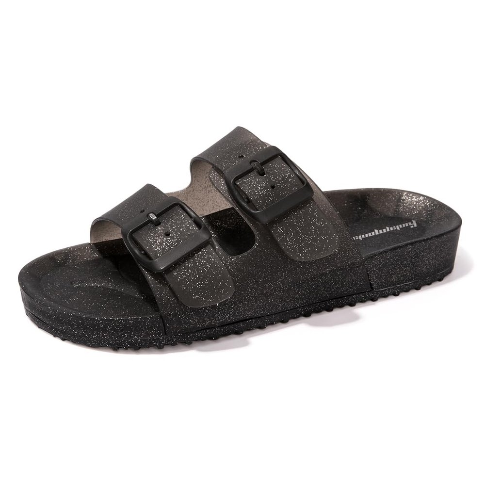 FUNKYMONKEY Women's Slides Sandals Dream Jelly Color Adjustable Double Buckle Adjustable Plastic Flat Sandals (6 M US, Glitter Black/MKLS)