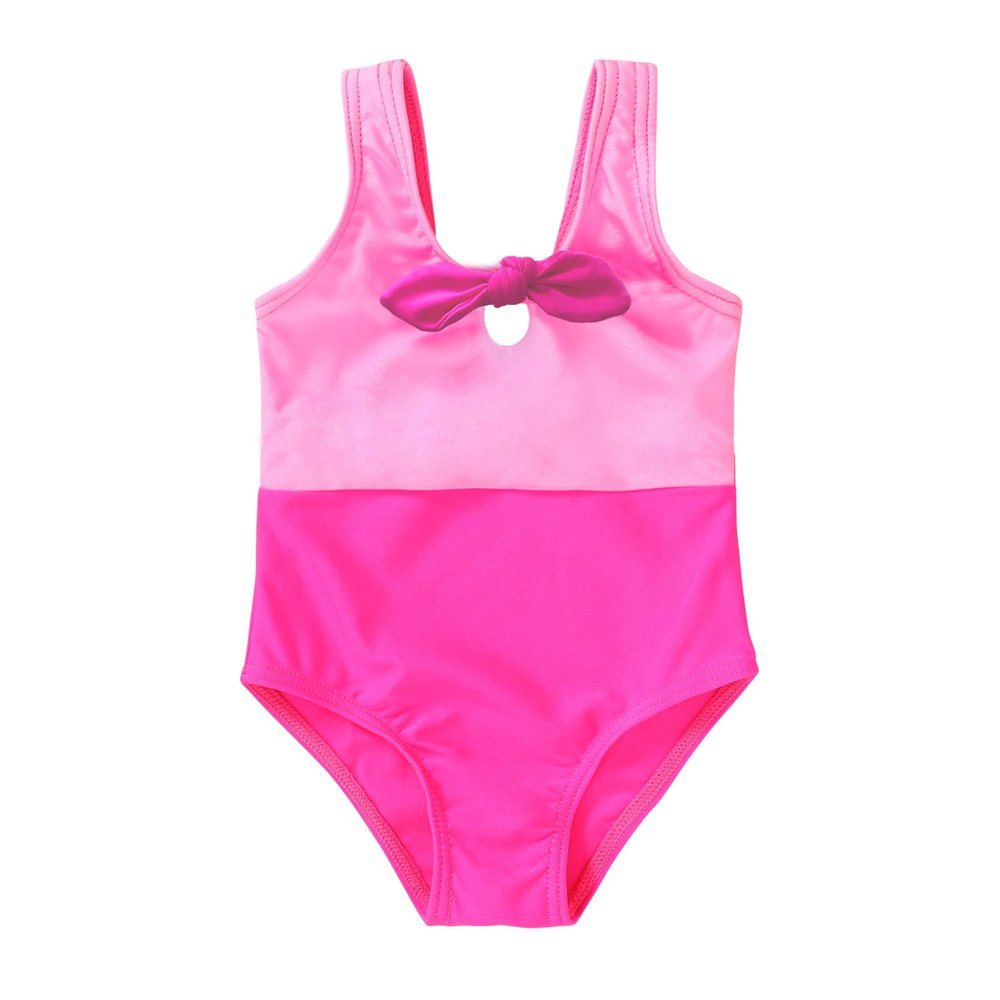 YOUNGER TREE Toddler Girl One Piece Swimsuit Color Block Stripe Swimwear Summer Beach Bathing Suit 12M-5T (6-7T, Neon hot Pink+Bowknot)