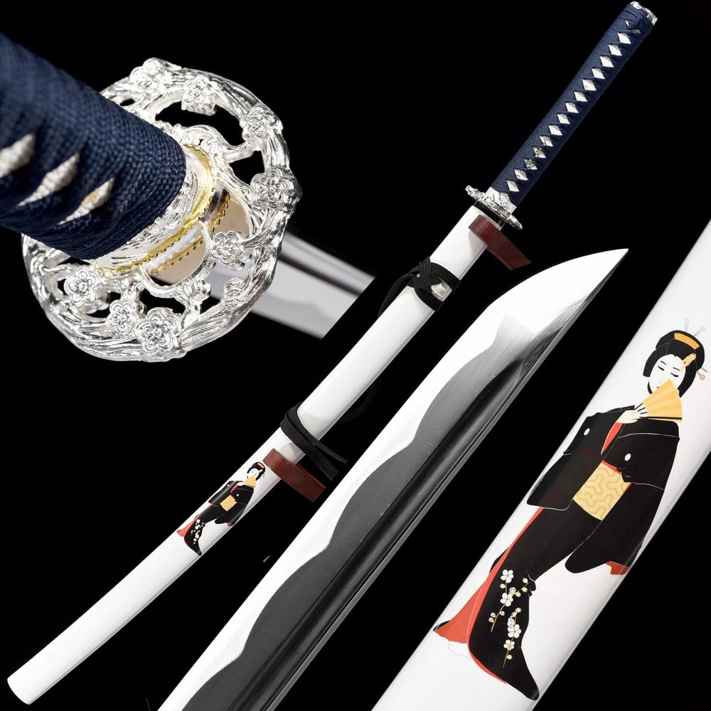 HERO SWORD Handmade Beautiful Japanese Beauty Samurai Sword Hand Forged 1095 High Carbon Steel Full Tang Real Combat Sharp Katana White Blue Sword Best Gift for Mens Women
