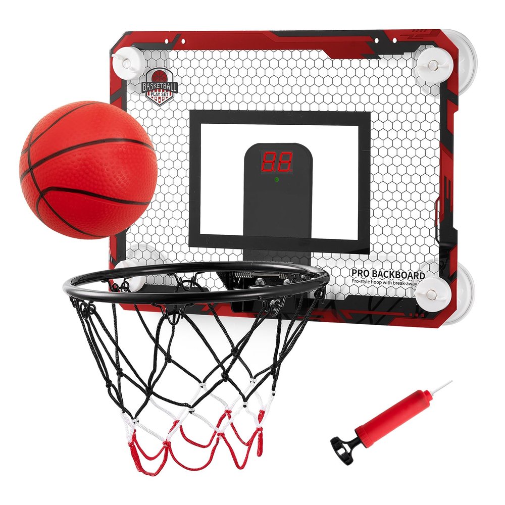 BOHEN Indoor Mini Basketball Hoops with Powerful Suction Cup, Stick to Windows, Wooden Doors, Smooth Walls - Basketball Backboard Toy Indoor Bedroom Office for Kids Teens Adults (Red Scorer)