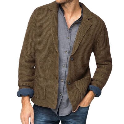 Men's Knitted Suit Cardigan Shawl Collar Casual Loose Cardigan Man Button Down Knitwear with Pockets (Large,Coffee)