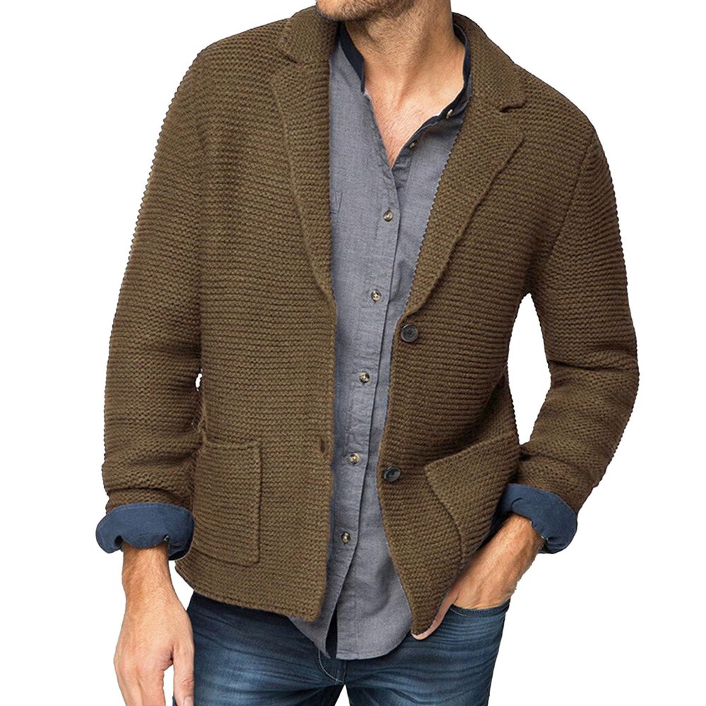 Men's Knitted Suit Cardigan Shawl Collar Casual Loose Cardigan Man Button Down Knitwear with Pockets (Large,Coffee)