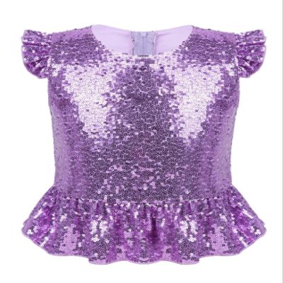 Rswnyirn Kids Girls Sparkle Sequins Tee Shirt Top Ruffle Sleeves Princess Peplum Tops Mermaid Birthday Dress up Lavender 10 Years