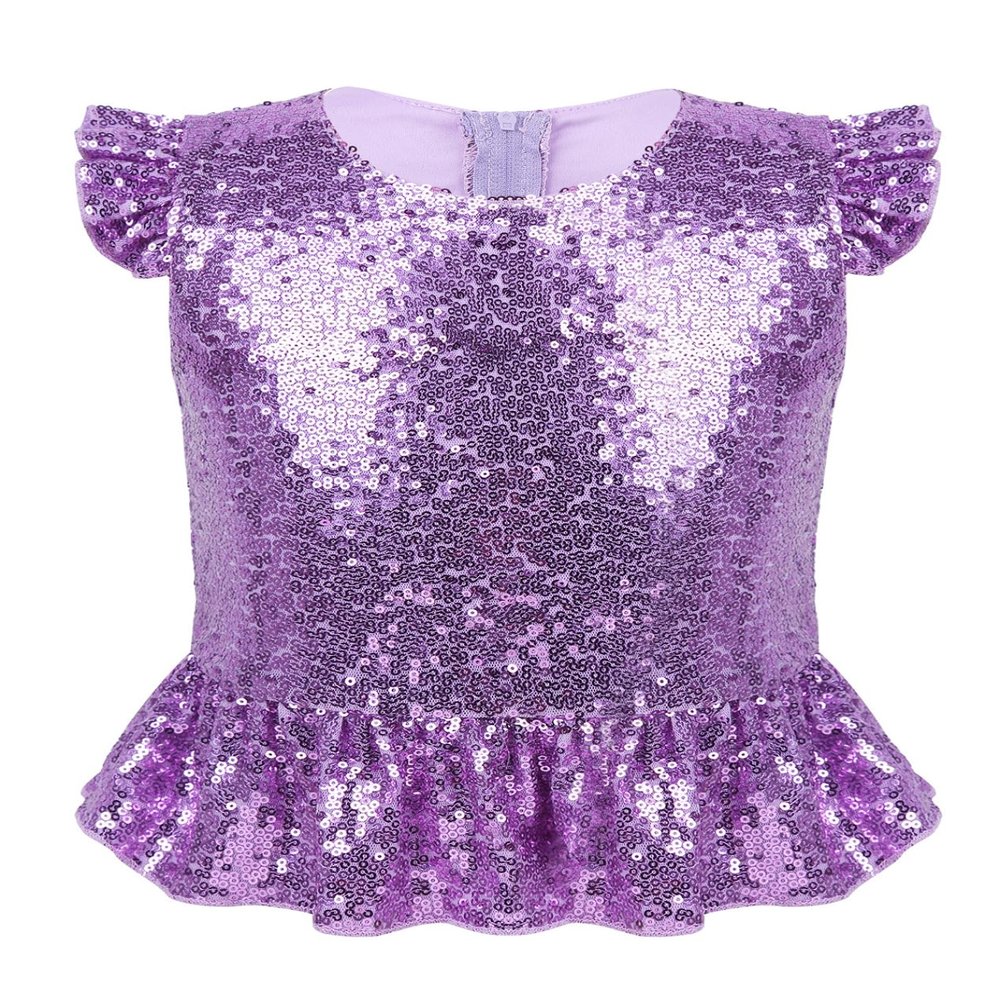 Rswnyirn Kids Girls Sparkle Sequins Tee Shirt Top Ruffle Sleeves Princess Peplum Tops Mermaid Birthday Dress up Lavender 10 Years