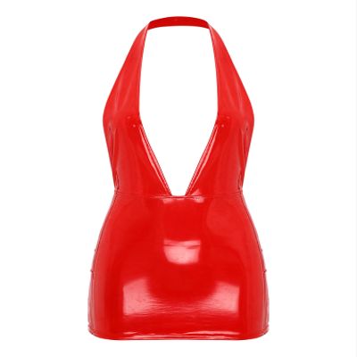 YiZYiF Womens Wet Look PVC Leather Mini Dress Halter Plunging V Neck Bodycon Dress Lingerie Clubwear Red 3X-Large