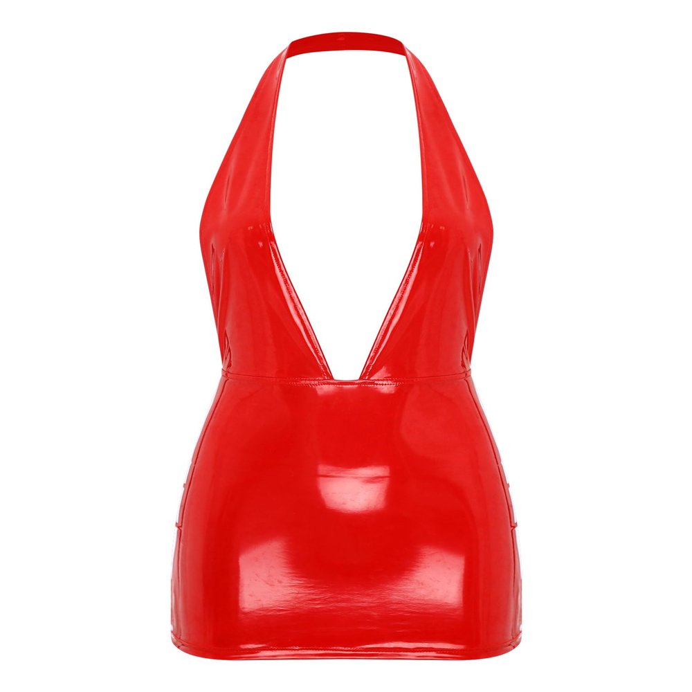 YiZYiF Womens Wet Look PVC Leather Mini Dress Halter Plunging V Neck Bodycon Dress Lingerie Clubwear Red 3X-Large