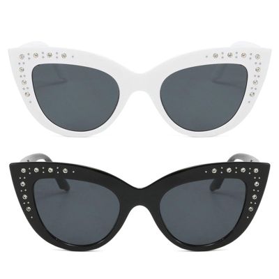 Diamond Cat Eye Sunglasses Women Retro Jeweled Rhinestone Sun Glasses Sparkle Crystal Pearl Luxury Bling Eyewear (black+white)