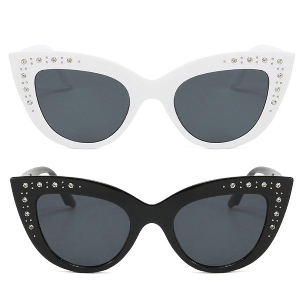 Diamond Cat Eye Sunglasses Women Retro Jeweled Rhinestone Sun Glasses Sparkle Crystal Pearl Luxury Bling Eyewear (black+white)