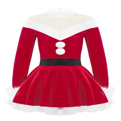 dPois Kids Girls Christmas Mrs Santa Claus Costume Velvet Long Sleeve Dance Figure Ice Skating Faux Fur Dress Turtleneck Red A 6