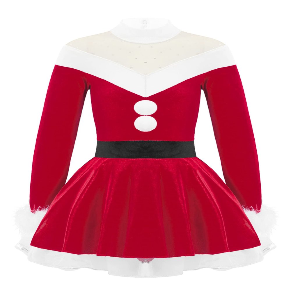 dPois Kids Girls Christmas Mrs Santa Claus Costume Velvet Long Sleeve Dance Figure Ice Skating Faux Fur Dress Turtleneck Red A 6