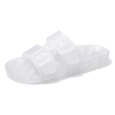 FUNKYMONKEY Women's Slides Sandals Dream Jelly Color Adjustable Double Buckle Adjustable Plastic Flat Sandals (9 M US, Glitter TRANSPARENT/MKLS)
