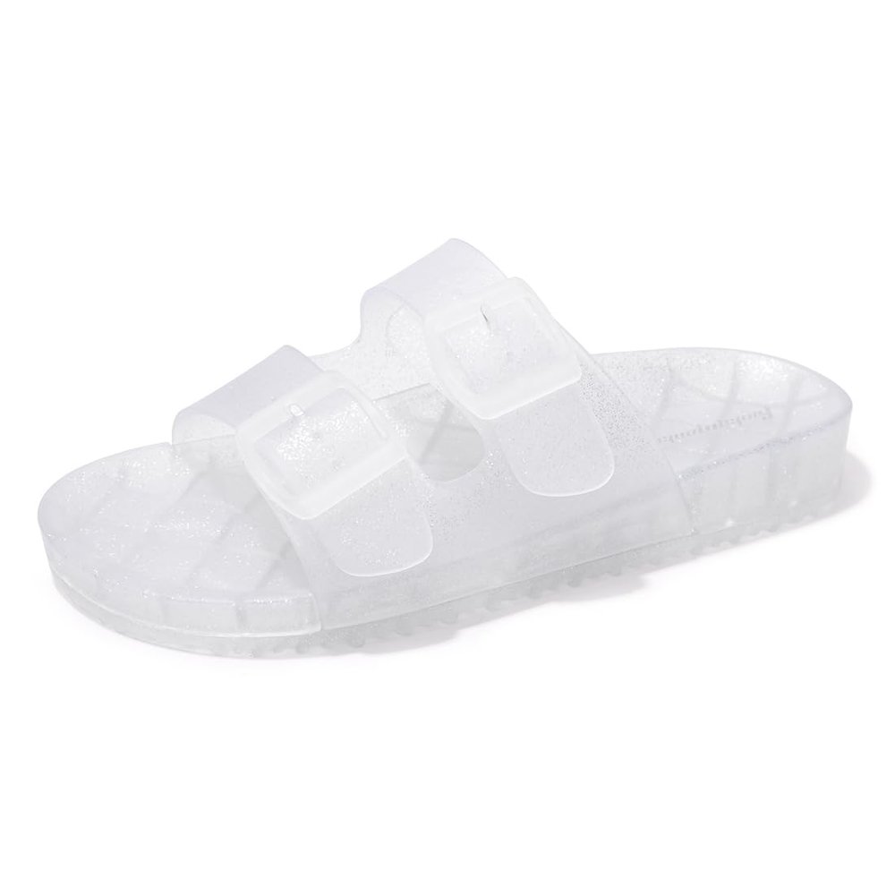 FUNKYMONKEY Women's Slides Sandals Dream Jelly Color Adjustable Double Buckle Adjustable Plastic Flat Sandals (9 M US, Glitter TRANSPARENT/MKLS)