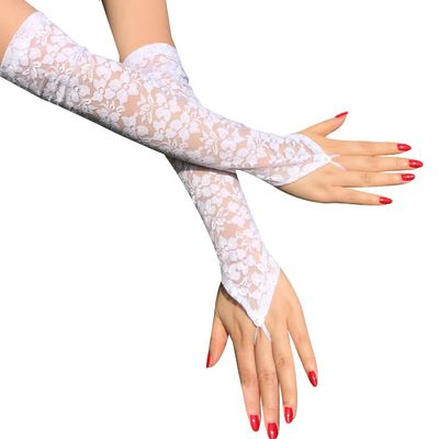 ASIJUNTYECHO Long Opera Party 20s Fingerless Lace Gloves, Lace Elbow Length Gloves for Prom Wedding Opera Party (White)
