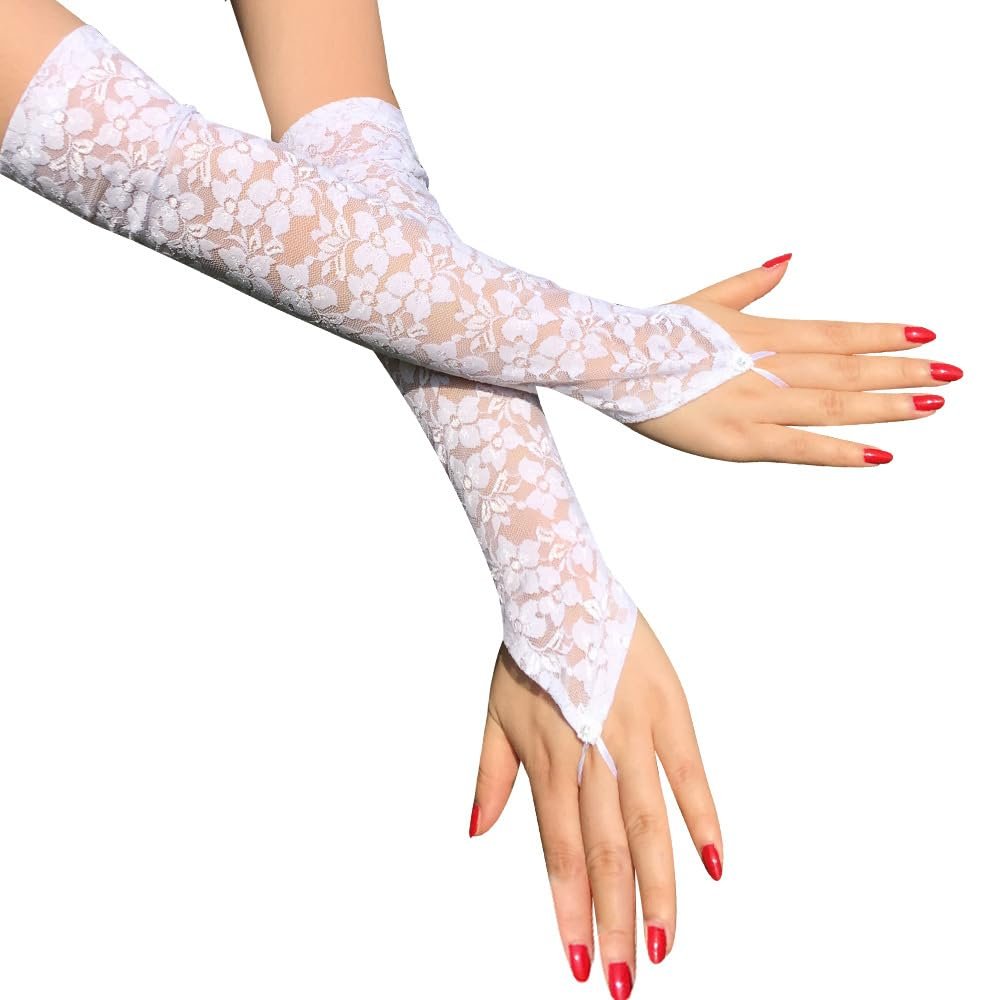 ASIJUNTYECHO Long Opera Party 20s Fingerless Lace Gloves, Lace Elbow Length Gloves for Prom Wedding Opera Party (White)