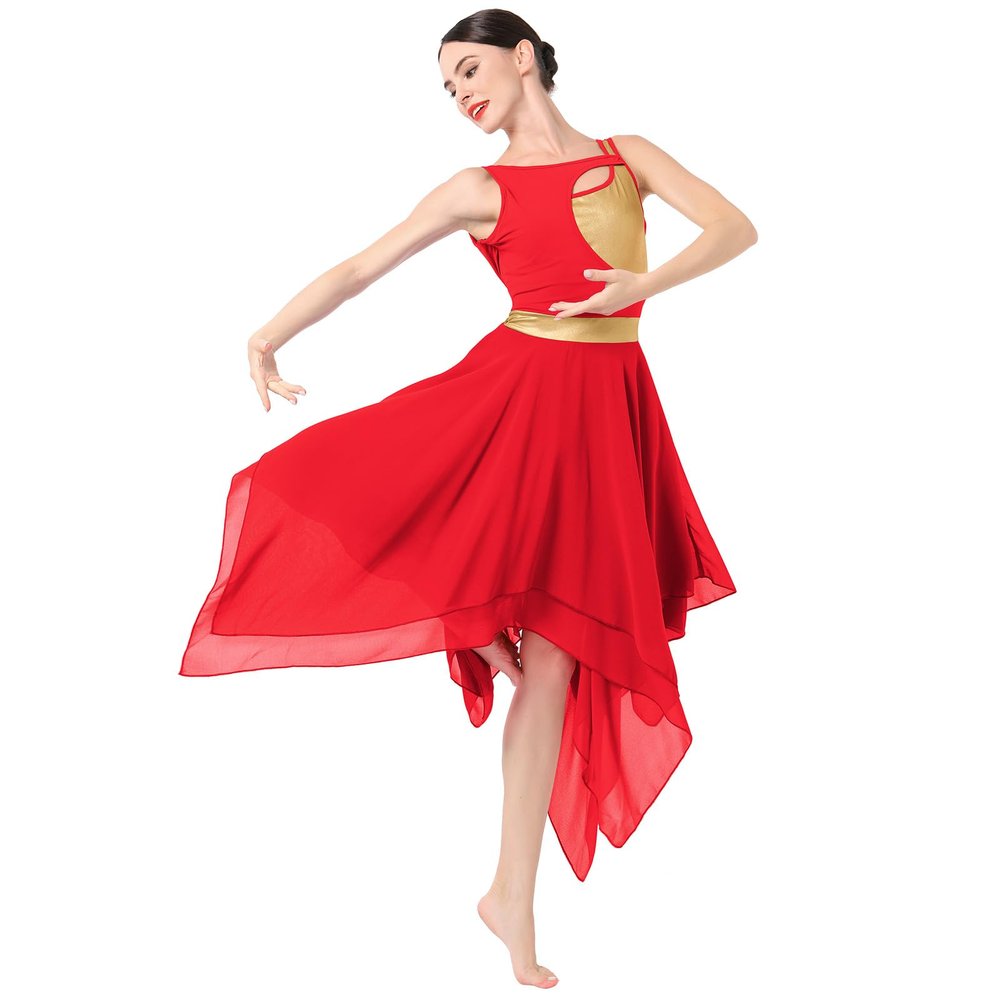 AFAVOM Women's Lyrical Dance Costume Sleeveless Shiny Metallic Gold Dance Dress Asymmetric Flowy Tulle Chiffon Skirt Cutout Backless Contemporary Ballet Leotard Dancewear Red XS