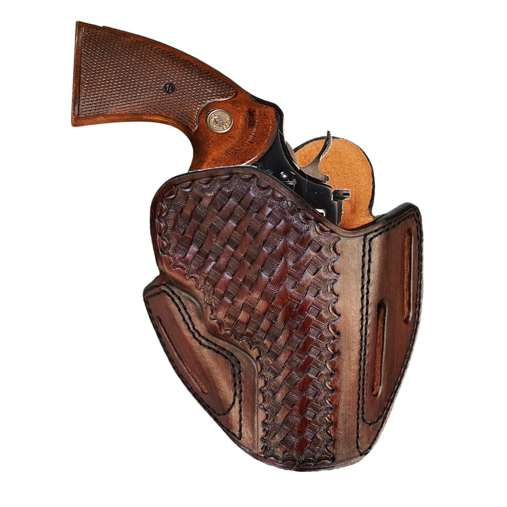 Premium Leather Belt Holster fits Colt King Cobra or Colt Python, Handcrafted, 3 Slot Pancake, Basket Pattern, Right Handed, PulsarHolster (Brown, Colt King Cobra 4" Barrel)