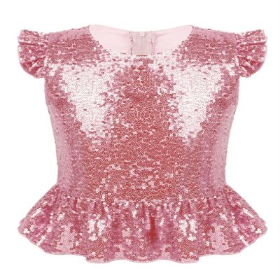 Rswnyirn Kids Girls Sparkle Sequins Tee Shirt Top Ruffle Sleeves Princess Peplum Tops Mermaid Birthday Dress up Pink 10 Years