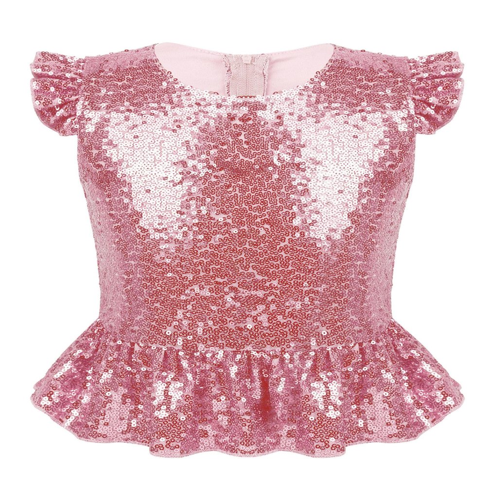 Rswnyirn Kids Girls Sparkle Sequins Tee Shirt Top Ruffle Sleeves Princess Peplum Tops Mermaid Birthday Dress up Pink 10 Years