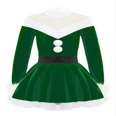 dPois Kids Girls Christmas Mrs Santa Claus Costume Velvet Long Sleeve Dance Figure Ice Skating Faux Fur Dress Turtleneck Green A 14