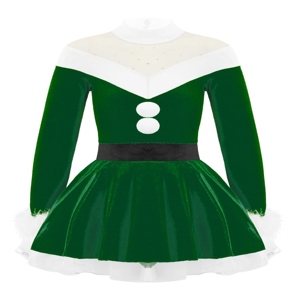 dPois Kids Girls Christmas Mrs Santa Claus Costume Velvet Long Sleeve Dance Figure Ice Skating Faux Fur Dress Turtleneck Green A 14