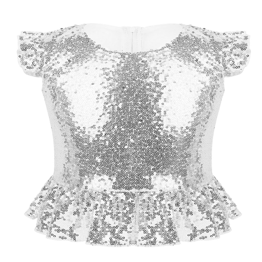 Rswnyirn Kids Girls Sparkle Sequins Tee Shirt Top Ruffle Sleeves Princess Peplum Tops Mermaid Birthday Dress up Silver 12 Years
