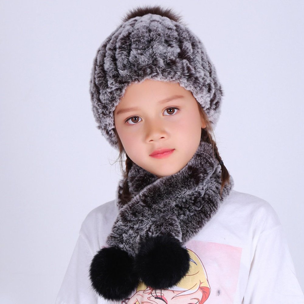 Ladlebroom 1-10 Years Old Children New Rabbit Fur Woven Scarf Wool Baby Neck Hat Two-Piece Set Autumn and Winter