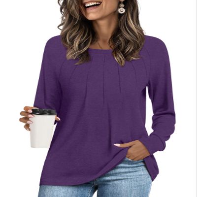 Addtoo Womens 2026 Fall Tunic Tops Casual Long Sleeve Pleated Blouse Warm Loose Dressy Tshirt Medium Dark Purple