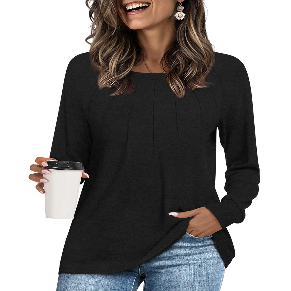 Addtoo Womens 2026 Fall Tunic Plus Size Tops Casual Long Sleeve Pleated Blouse Warm Dressy Tshirt XXLarge Classic Black