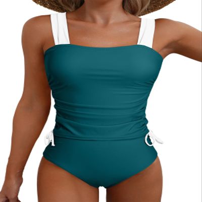 Aleumdr 2 Piece Swimsuit for Women Ruched Strappy Tie Side Tankini Set Bathing Suit Tops Cheeky Bikini Bottom Swimwear Green White XX-Large