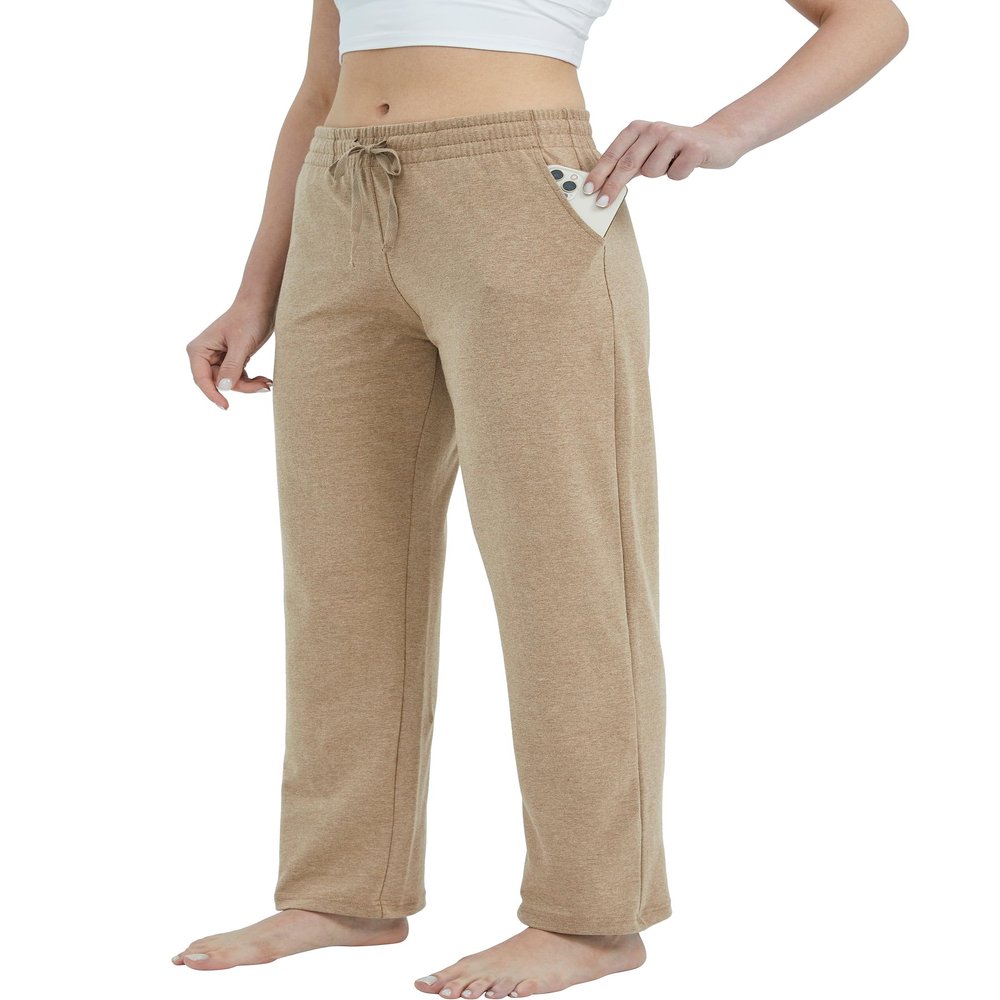 Willit Women's Cotton Sweatpants Yoga Lounge Open Bottom Sports Pants Straight Leg Casual Pants with Pockets Oatmeal L