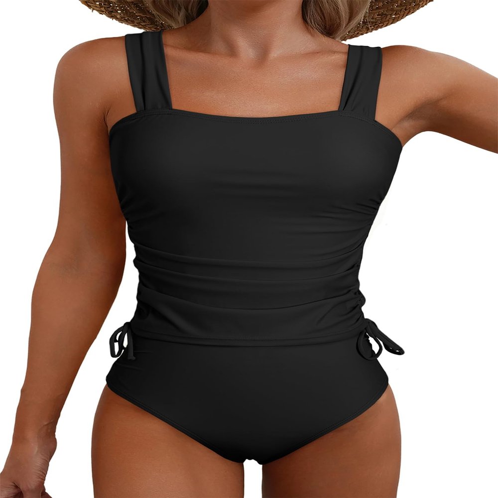 Aleumdr Women 2 Piece Tummy Control Tankini Swimsuit Bathing Suit Ruched Side Drawstring Tankini Top High Cut Cheeky Bikini Bottom Swimwear Black XX-Large