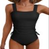 Aleumdr Women 2 Piece Tummy Control Tankini Swimsuit Bathing Suit Ruched Side Drawstring Tankini Top High Cut Cheeky Bikini Bottom Swimwear Black XX-Large view 1