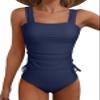 Aleumdr Women 2 Piece Strappy Tie Side Tankini Swimsuit Set Tommy Control Bathing Suit Tank Top High Cut Bikini Bottom Swimwear Navy Blue X-Large view 1