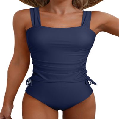 Aleumdr Women's 2 Piece Swimsuit Strappy Side Drawstring Tankini Tops Bathing Suit Sexy High Cut Bikini Bottom Swimwear Navy Blue XX-Large