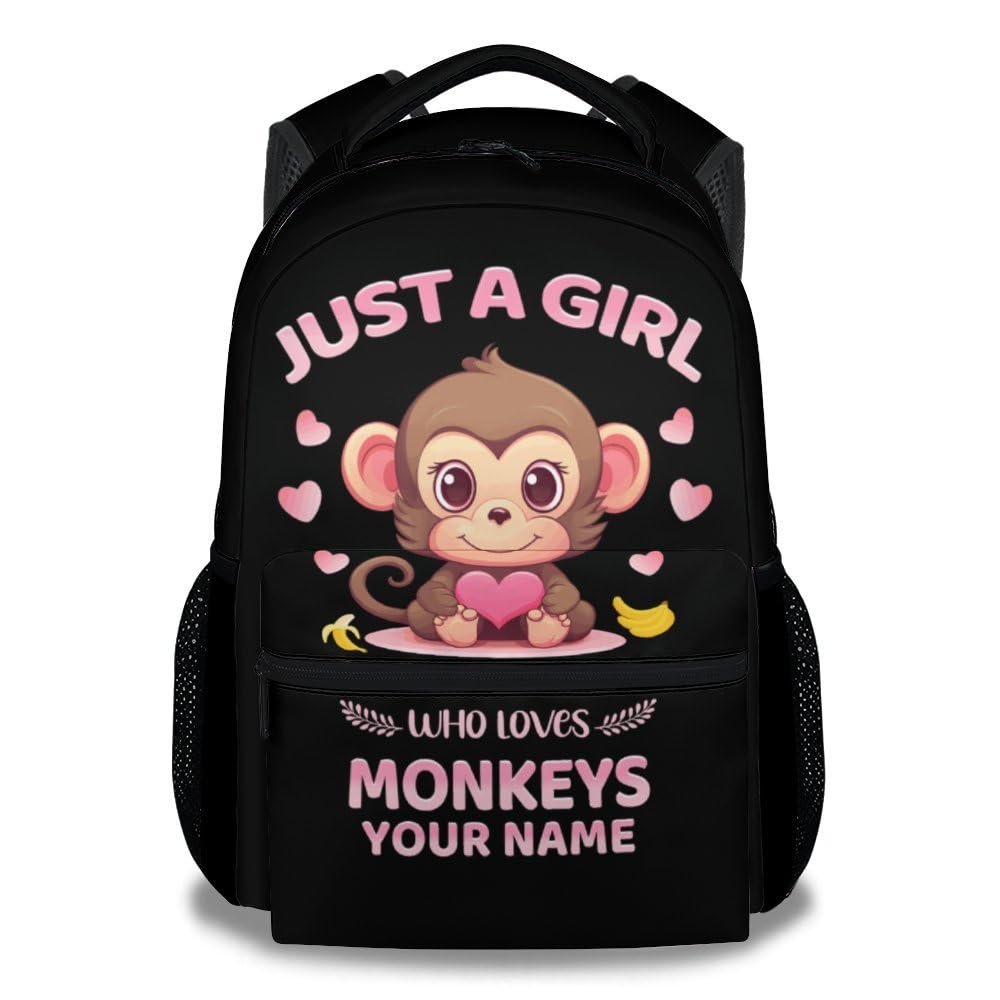 Homexzdiy Personalized School Backpack for Girls, 16" Monkey Backpacks for School, Custom Large Capacity Lightweight Bookbag for Kids Students