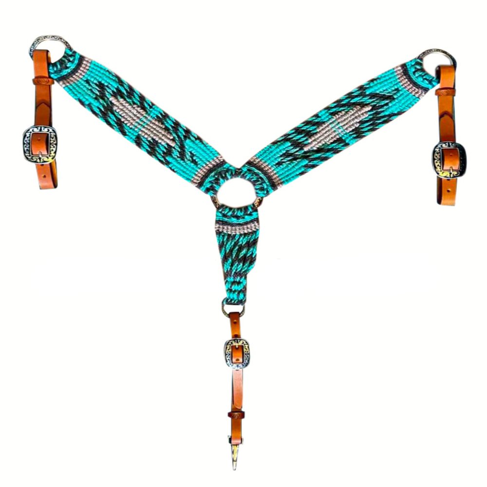 Cheval's International Western Mohair Horse Breast Collar, Handmade Premium Wool & Leather Equestrian Tack, Adjustable, Durable & Comfortable Saddle Breastplate for Horses - Aqua & Grey, Pony