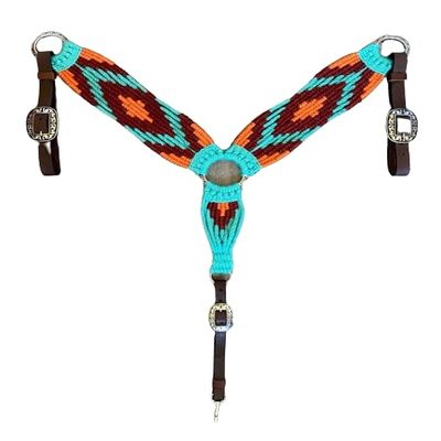 Cheval's International Western Mohair Horse Breast Collar, Handmade Premium Wool & Leather Equestrian Tack, Adjustable, Durable & Comfortable Saddle Breastplate for Horses - Aqua Orange, Pony