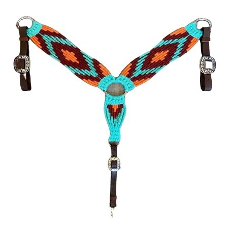 Cheval's International Western Mohair Horse Breast Collar, Handmade Premium Wool & Leather Equestrian Tack, Adjustable, Durable & Comfortable Saddle Breastplate for Horses - Aqua Orange, Pony