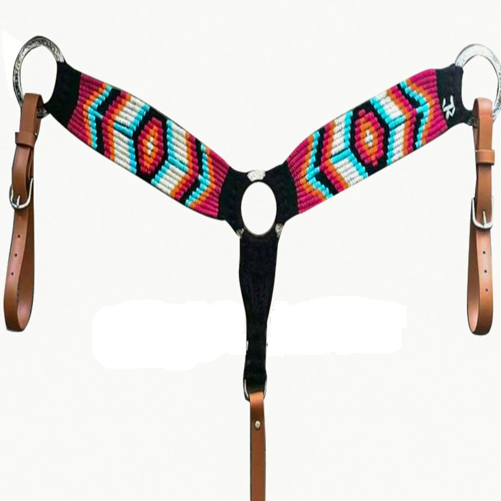 Cheval's International Western Mohair Horse Breast Collar, Handmade Premium Wool & Leather Equestrian Tack, Adjustable, Durable & Comfortable Saddle Breastplate for Horses - Mutlicolor Black, Pony