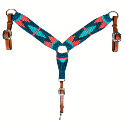 Cheval's International Western Mohair Horse Breast Collar, Handmade Premium Wool & Leather Equestrian Tack, Adjustable, Durable & Comfortable Saddle Breastplate for Horses - Red Black & Aqua, Pony