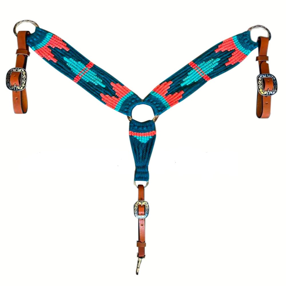 Cheval's International Western Mohair Horse Breast Collar, Handmade Premium Wool & Leather Equestrian Tack, Adjustable, Durable & Comfortable Saddle Breastplate for Horses - Red Black & Aqua, Pony
