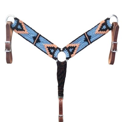 Cheval's International Western Mohair Horse Breast Collar, Handmade Premium Wool & Leather Equestrian Tack, Adjustable, Durable & Comfortable Saddle Breastplate for Horses - Blue & Peach, Full