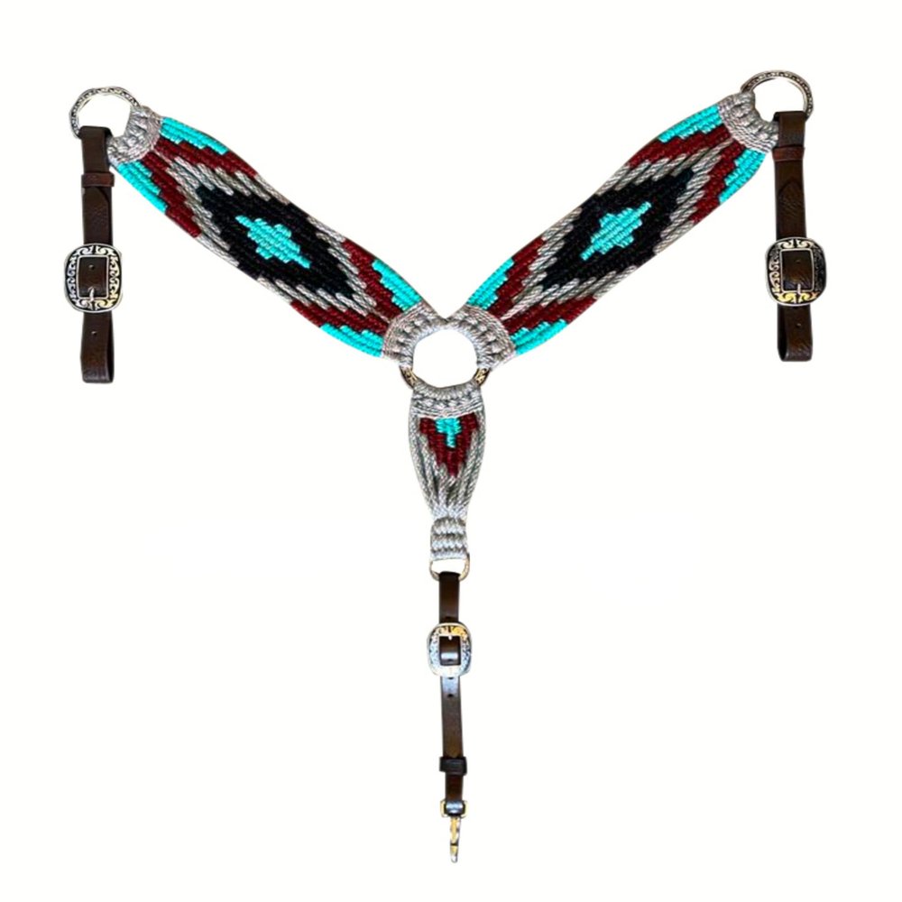 Cheval's International Western Mohair Horse Breast Collar, Handmade Premium Wool & Leather Equestrian Tack, Adjustable, Durable & Comfortable Saddle Breastplate for Horses - Aqua Grey & Black, Pony