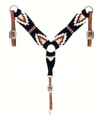 Cheval's International Western Mohair Horse Breast Collar, Handmade Premium Wool & Leather Equestrian Tack, Adjustable, Durable & Comfortable Saddle Breastplate for Horses - Off White & Black, Cob
