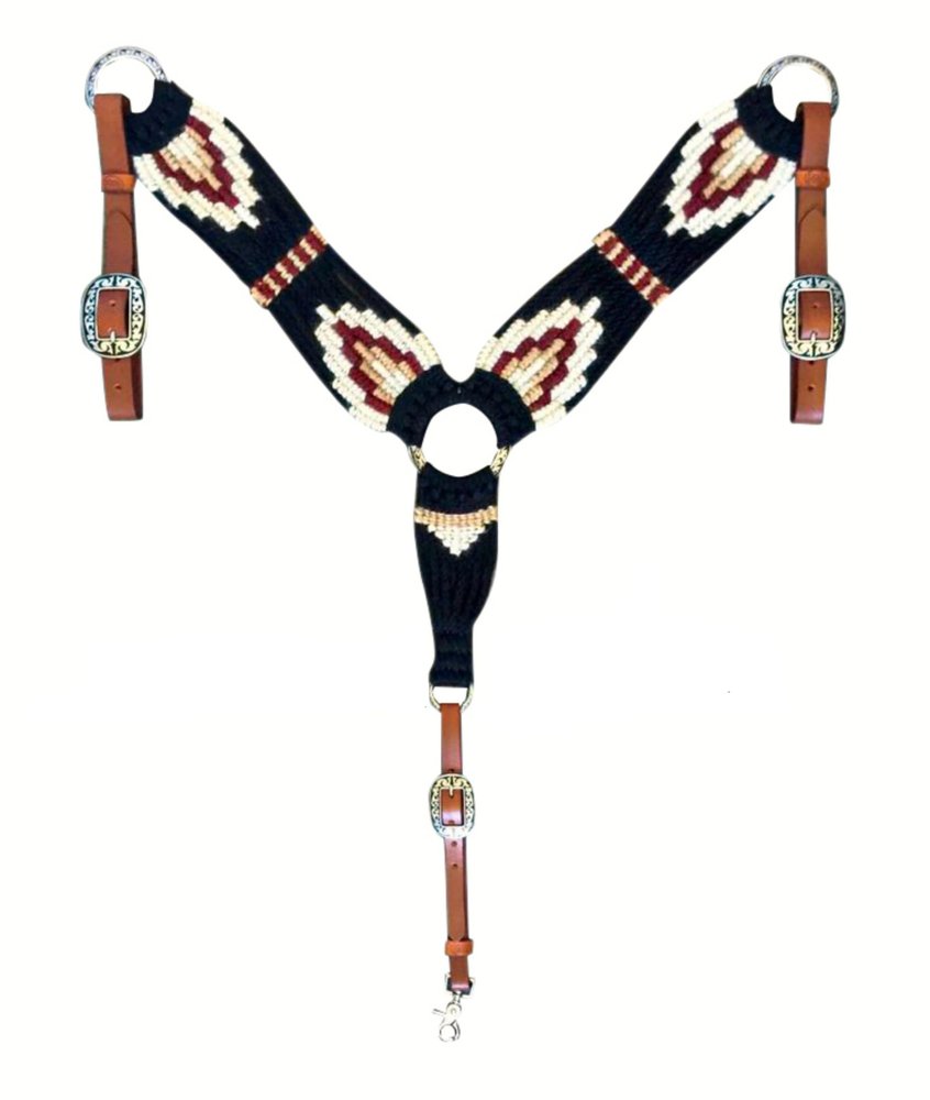 Cheval's International Western Mohair Horse Breast Collar, Handmade Premium Wool & Leather Equestrian Tack, Adjustable, Durable & Comfortable Saddle Breastplate for Horses - Off White & Black, Cob