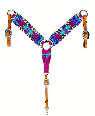 Cheval's International Western Mohair Horse Breast Collar, Handmade Premium Wool & Leather Equestrian Tack, Adjustable, Durable & Comfortable Saddle Breastplate for Horses - Pink & Blue, Pony