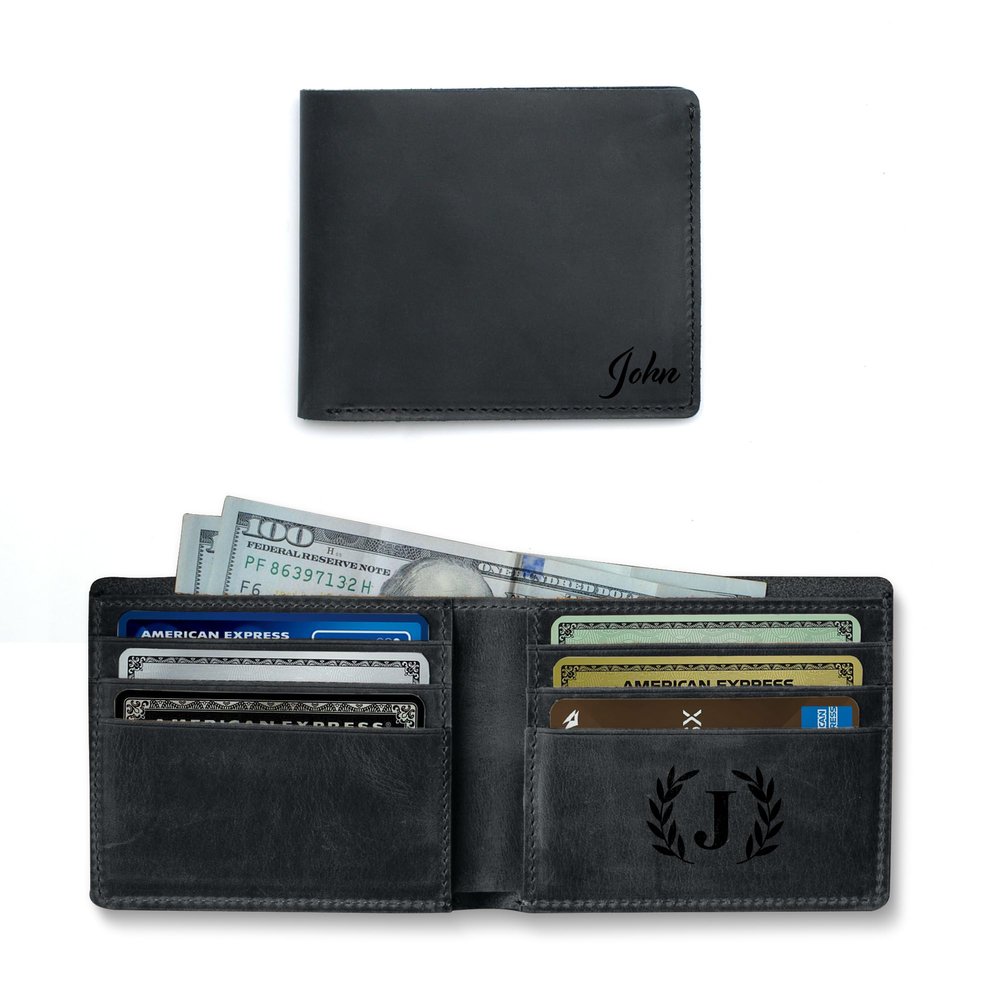 MayaCraft Handmade Personalized Classic Leather Mens Wallet, Personalized Classic Card Holder Wallet for Men, Customized Bi-Fold Wallet, Black