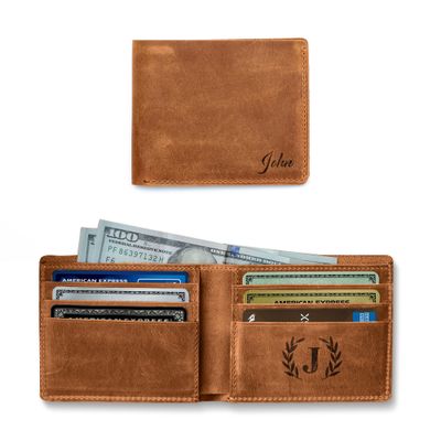 MayaCraft Handmade Personalized Classic Leather Mens Wallet, Personalized Classic Card Holder Wallet for Men, Customized Bi-Fold Wallet, Camel
